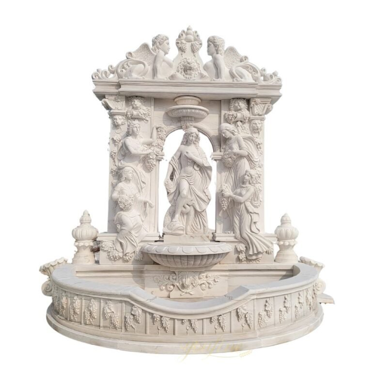 european marble goddess wall fountain with grape relief carvings
