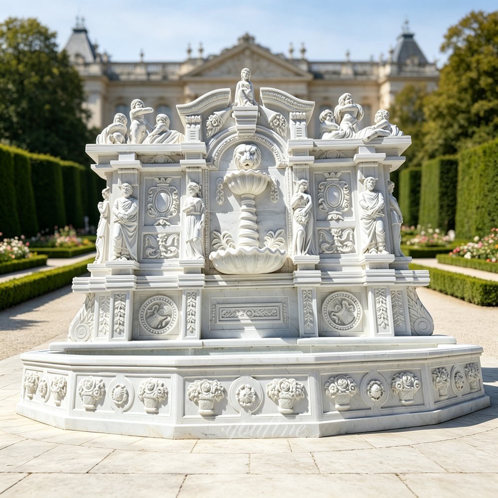 grand neoclassical wall fountain with exquisite carvings for manor garden