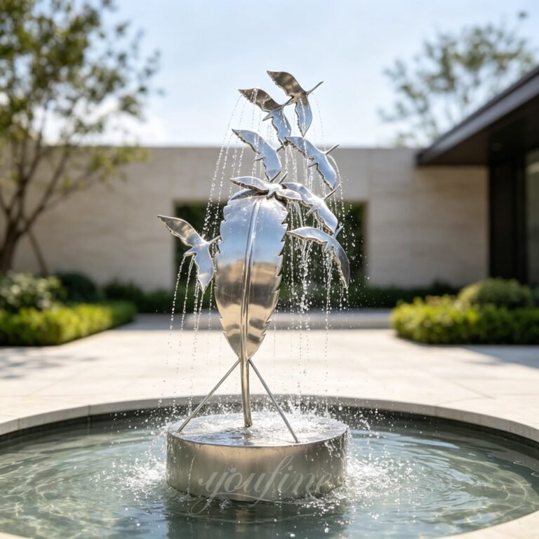 matte metal birds with feather sculpture water fountain for yard