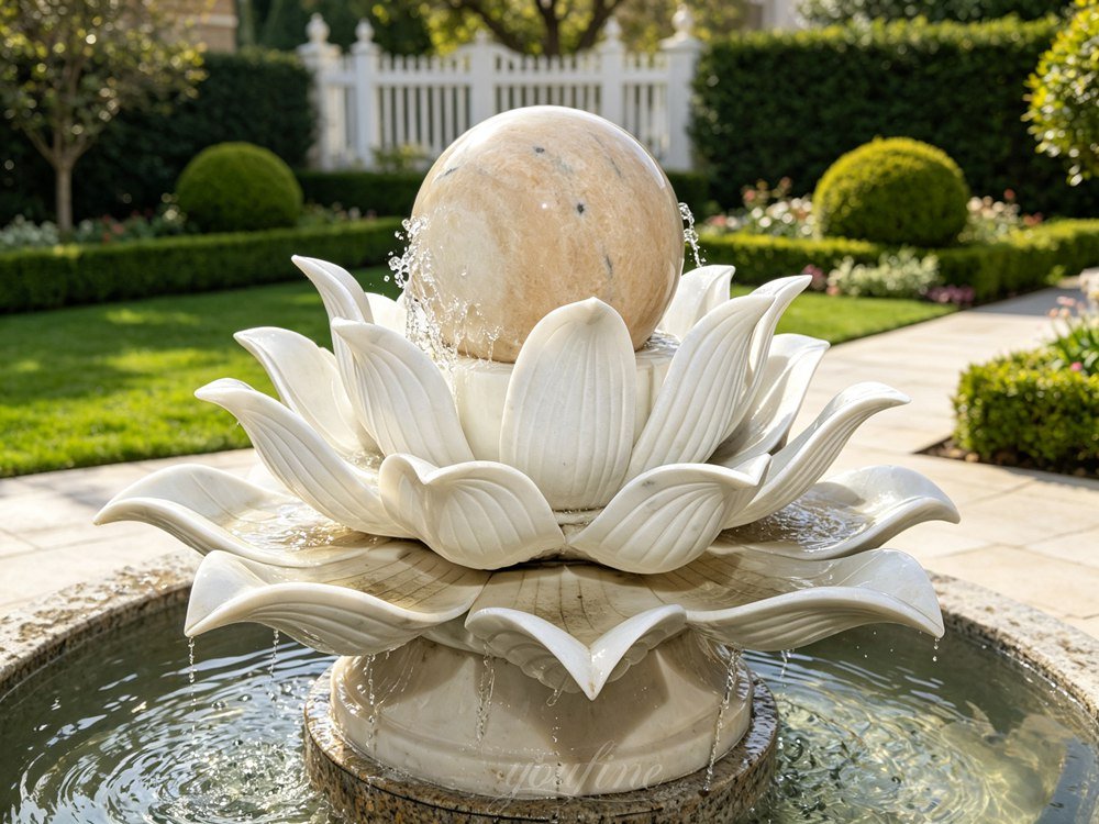 beautiful marble lotus-style rotating sphere fountain for a yard