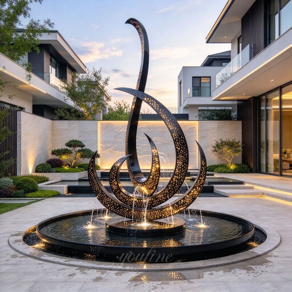metal black abstract sculpture fountain with lighting decor metal black abstract sculpture fountain with lighting decor