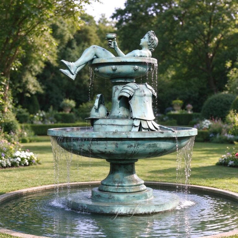 resting gladiator bronze patina two tier water fountain for garden
