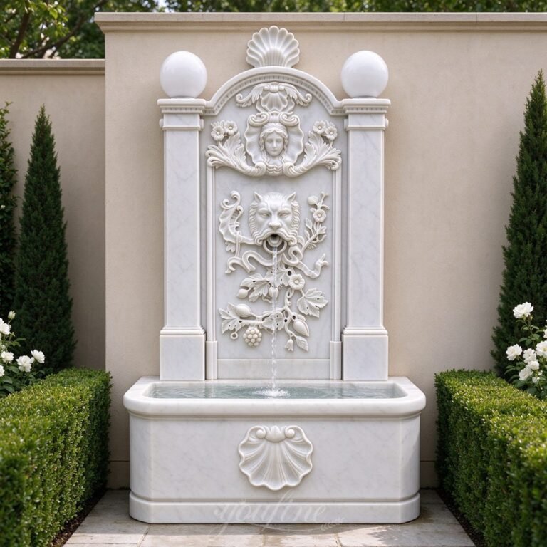 wall fountain with faun mask, maiden relief and lights for villa